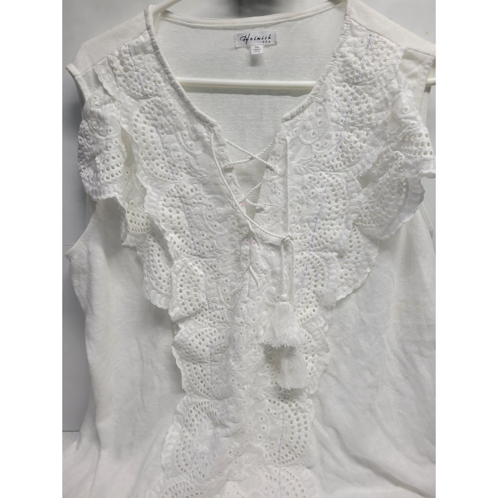 Heimish‎ USA White Eyelet Lace Sleeveless Top 3XL Boho Tassel Lace Up V-Neck